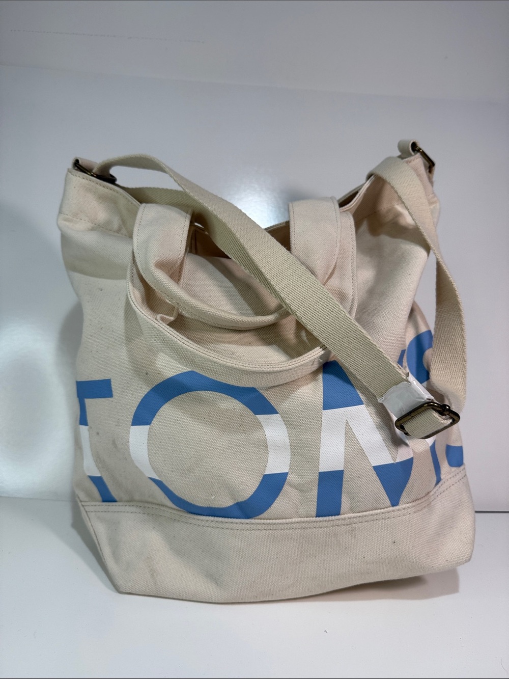 Toms Cream Canvas Tote with Light Blue Logo